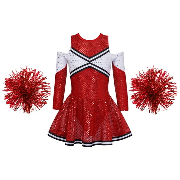 ranrann Kids Girls Cheerleading Costume Long Sleeve Off Shoulder Cutout Back Leotard Dress with Red 16