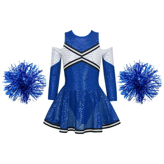 ranrann Kids Girls Cheerleading Costume Long Sleeve Off Shoulder Cutout Back Leotard Dress with Royal Blue 8