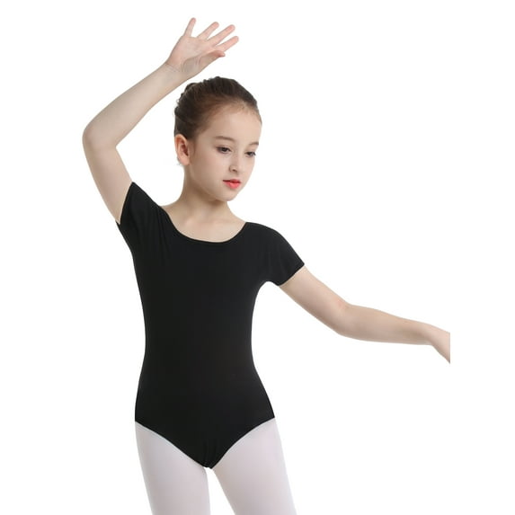 ranrann Kids Girls' Classic Gymnastic Ballet Dance Leotard Short Sleeves Athletic Bodysuit Black 4