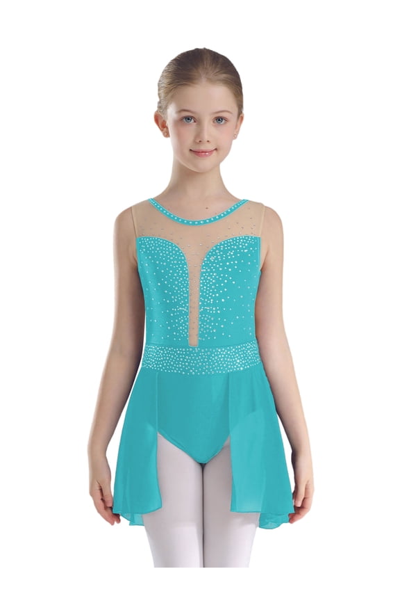 Kids Girls Figure Ice Skating Leotard Dress Sleeveless Gymnastics Ballroom Dancing Costume Blue Green 6