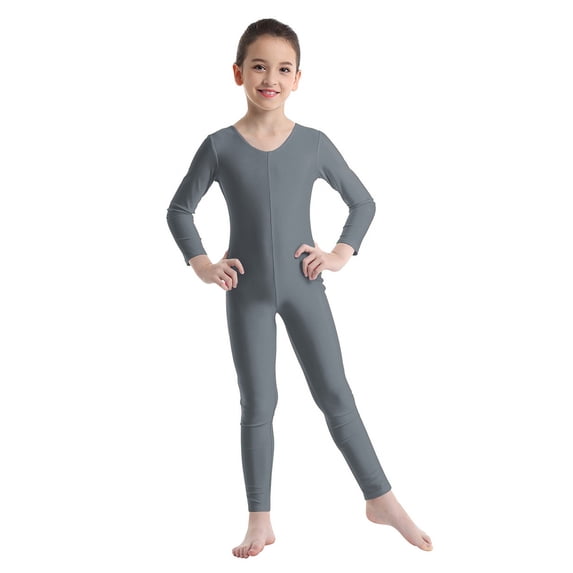 ranrann Kids Girls Full Length Jumpsuit Long Sleeve Ballet Dance Gymnastics Unitard Dancewear Grey 11-12