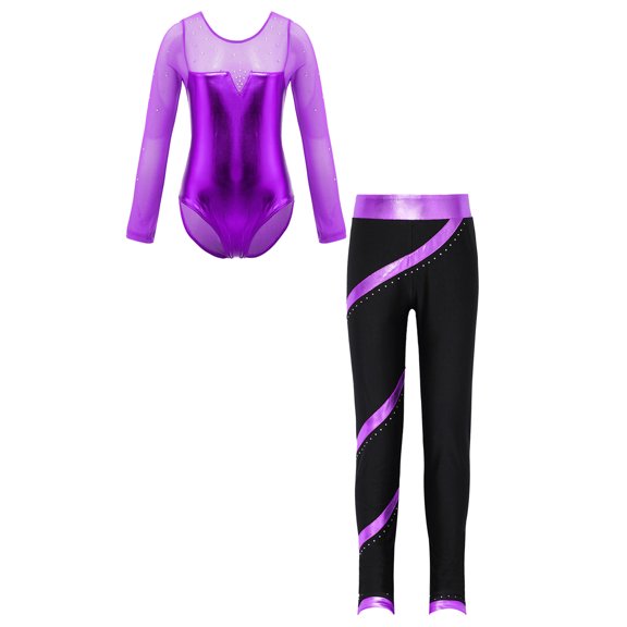 ranrann Kids Girls Ice Skating Costume Figure Skating Outfit Long Sleeve Metallic Ballet Bodysuit Purple 6