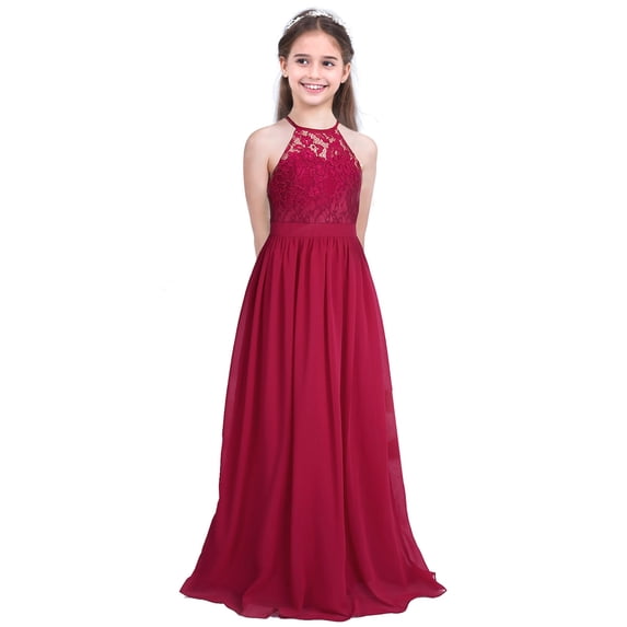 ranrann Kids Girls Lace Floral Maxi Long Dress Bridesmaid Wedding Party Flower Girls Dress Burgundy 6