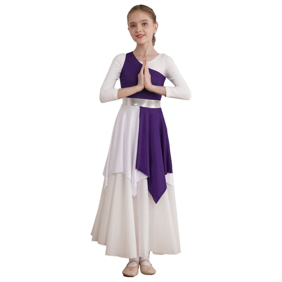 ranrann Kids Girls One Shoulder Lyrical Praise Dance Dress Liturgical Worship Costume Dancewear Purple 16