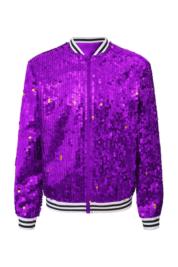 Kids Girls Sequin Jacket Long Sleeve Zipper Up Party Glitter Bomber Jacket Outwear Purple 8