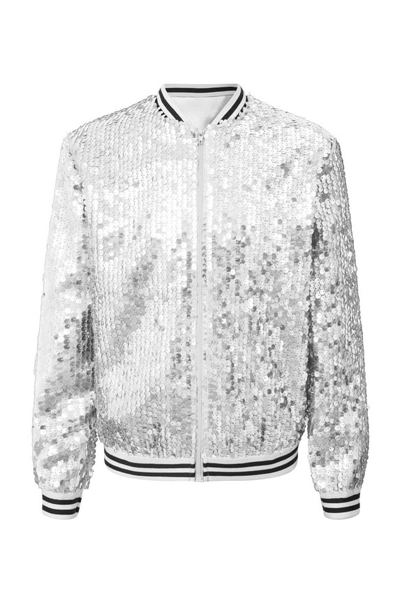 Kids Girls Sequin Jacket Long Sleeve Zipper Up Party Glitter Bomber Jacket Outwear Silver 6
