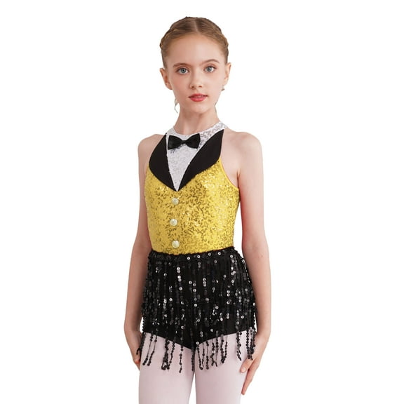 ranrann Kids Girls Sequins Tassel Latin Leotard Dance Dress Rumba Samba Salsa Ballroom Costume Yellow 16