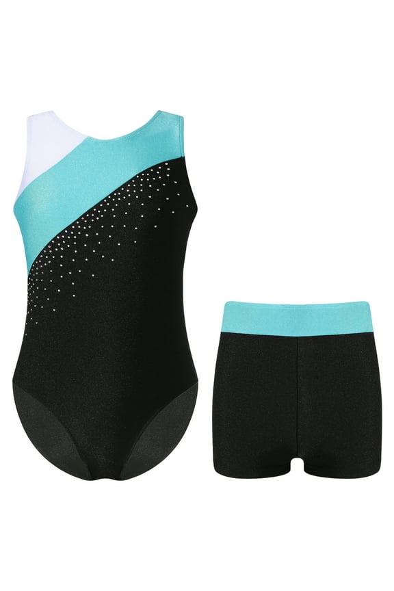 Kids Girls Shiny Sleeveless Gymnastics Ballet Dance Leotard Unitard Bodysuit and Shorts Set Swimwear Blue Green 12