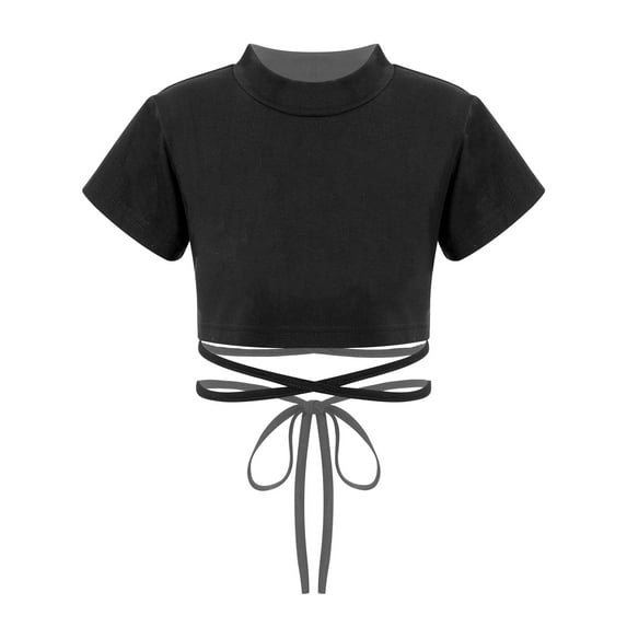 ranrann Kids Girls Short Sleeves Mock Neck Crop Top Athletic T-Shirts Hip Hop Jazz Dance Belly Shirt Black 140