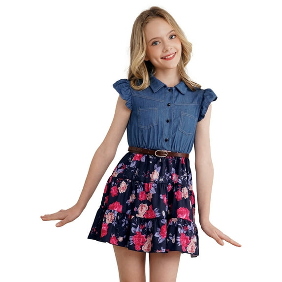 ranrann Kids Girls Summer Casual Denim Dress Ruffle Sleeve Dress Birthday Beach Party Dresses Navy Blue 8