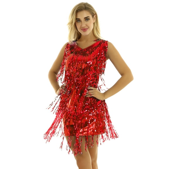 ranrann Woman's Sequins Tassel Dance Dress Sparkly Ballroom Latin Rumba Salsa Samba Tango Dancewear Red L