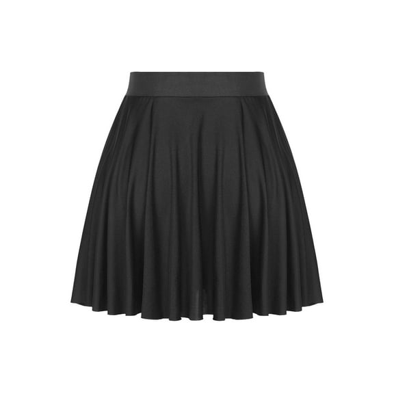ranrann Women's Pleated Skirt Basic Solid Versatile Stretchy Waist Ruffles Flared Casual Mini Skater Black One Size