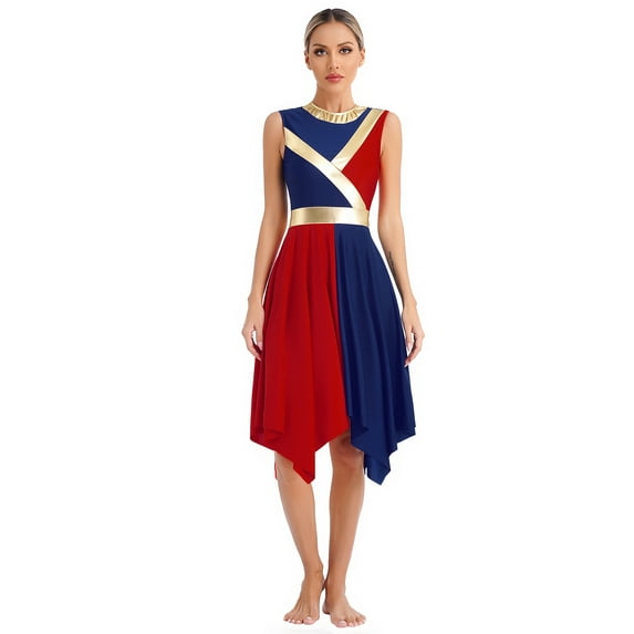 ranrann Womens Color Block Liturgical Dance Dress Sleeveless Asymmetrical Hem Dresses Dancewear Navy Blue&Red M