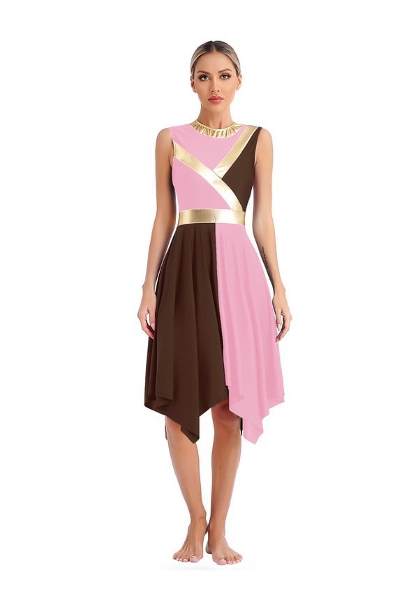 Womens Color Block Liturgical Dance Dress Sleeveless Asymmetrical Hem Dresses Dancewear Pink&Brown M