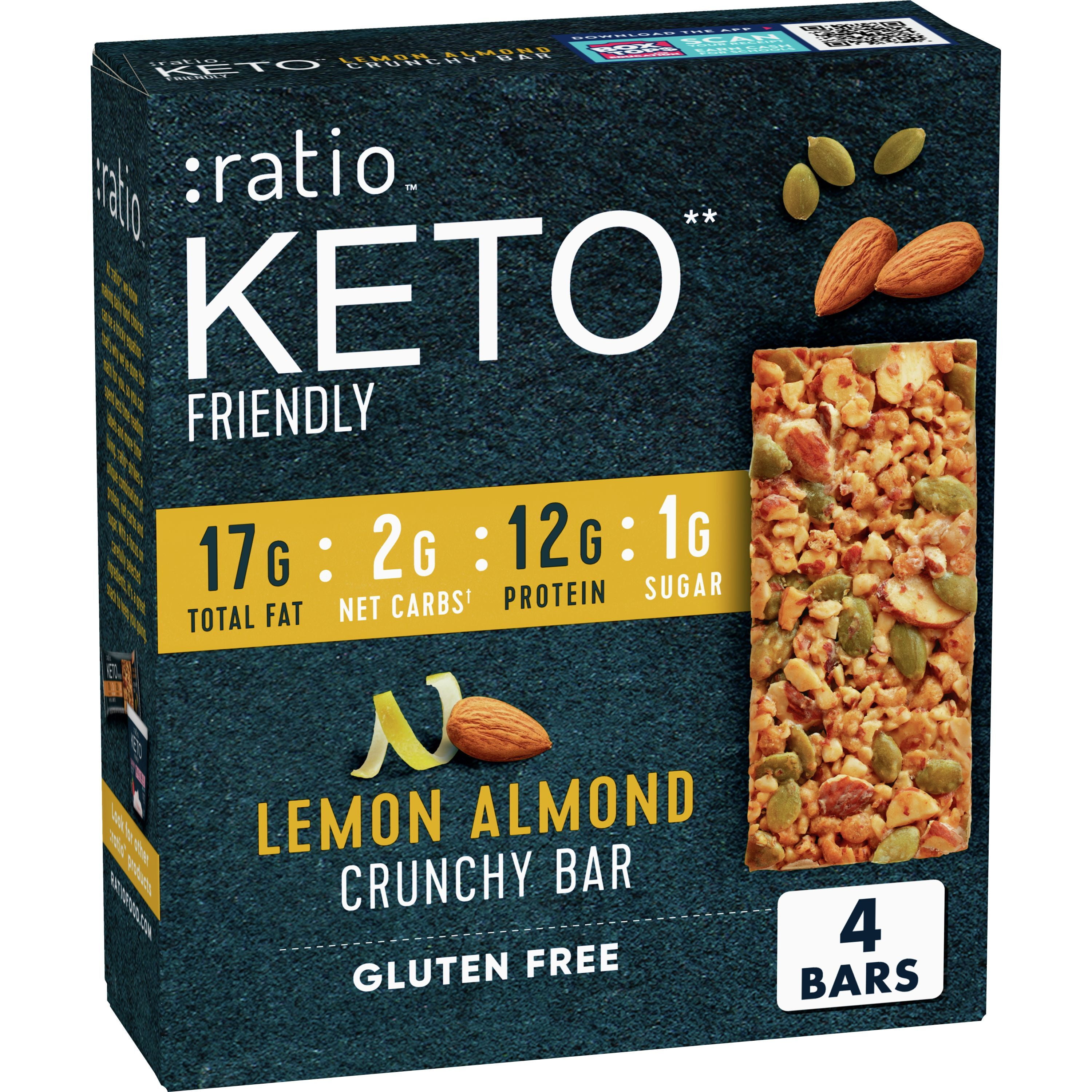 :ratio KETO Friendly Crunchy Bars, Lemon Almond, Gluten Free Snack, 4 ct