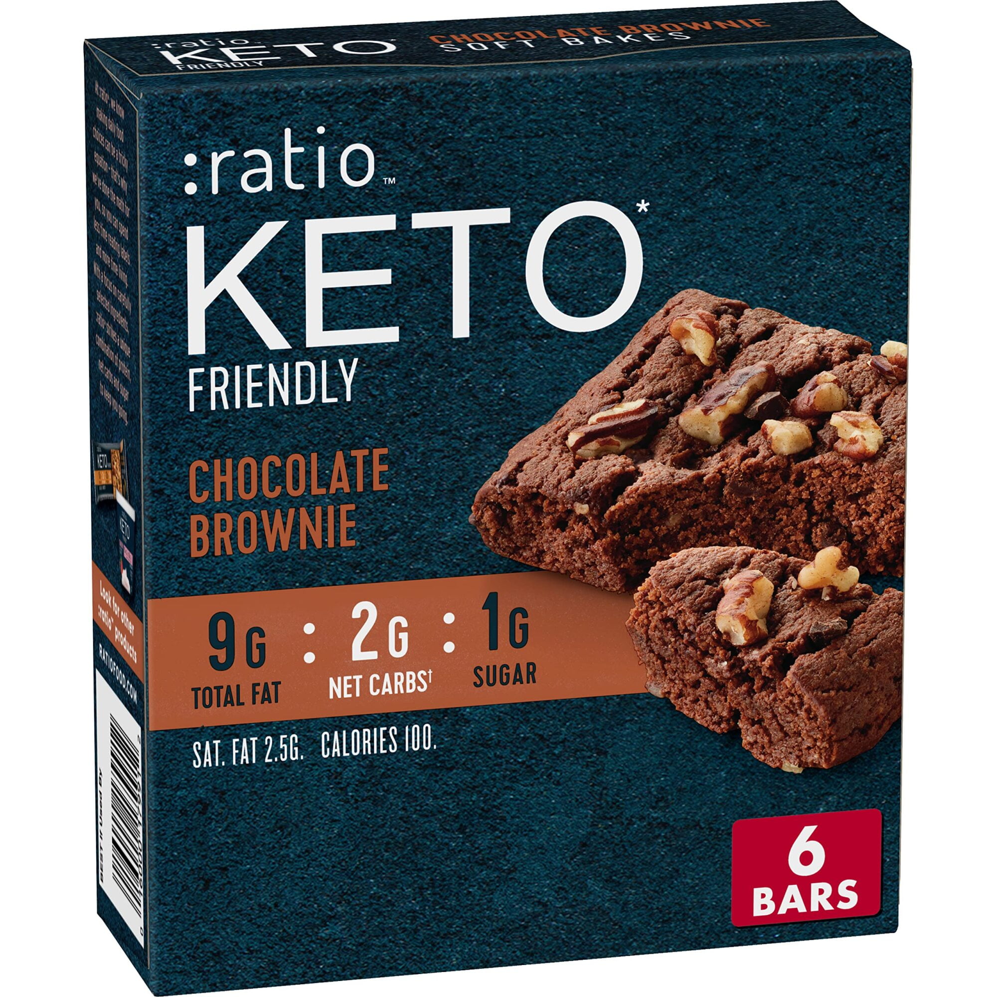 :ratio KETO Friendly Soft Baked Bars, Chocolate Brownie, Keto Snacks, 6 ct