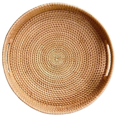 Rattan Serving Tray Round Fruits Basket Decorative Rustic Table Tray with Handles