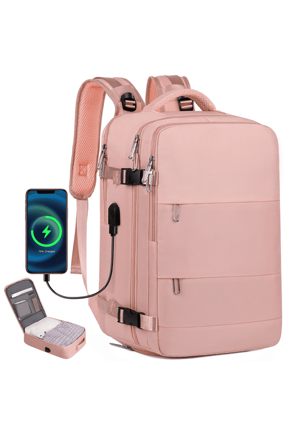 Travel Backpack for Women with USB Charging Port, TSA-Approved Laptop Backpack, Lightweight Carry On Backpack Fit 15.6” Laptop for Weekend Trips, Business Travel & Hiking, Pink