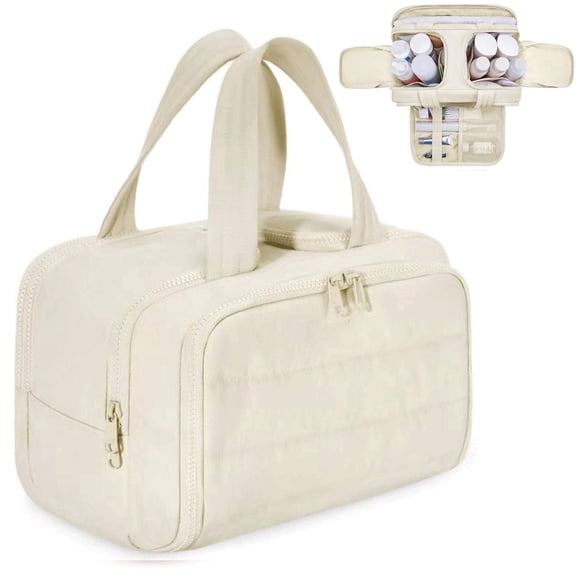 Travel Toiletry bag,Lightweight Large Capacity Cosmetic Bag,Wide open Travel Makeup Bag,Multiple Pockets Makeup Toiletry Bag Organizer with Handle for Accessories (Beige)