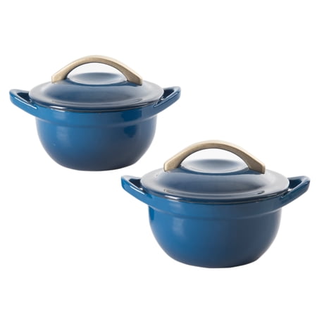 ravings Enameled Cast Iron Mini Casserole Set with Gold Accented Handle, Blue