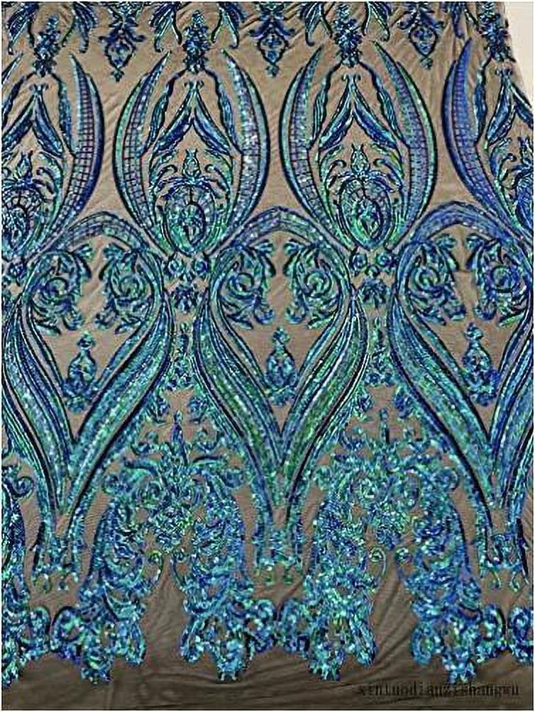 Iridescent/Burgundy Two tone damask design with sequins embroider on a 4 way stretch mesh fabric-sold by the yard. Rainbo main image 0