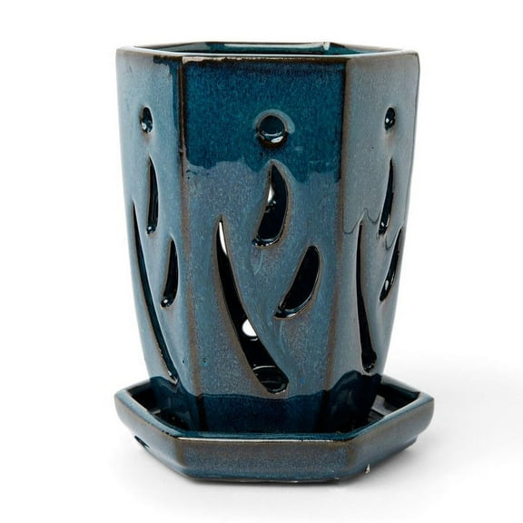 rePotme 4" x 6" Hexagon Ceramic Orchid Pot (Teal Jade)
