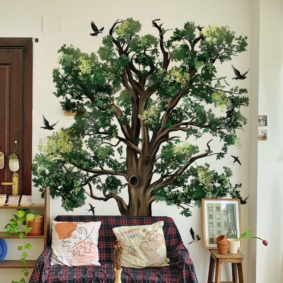 realistic tree with birds removable wall decals modern decor for living room