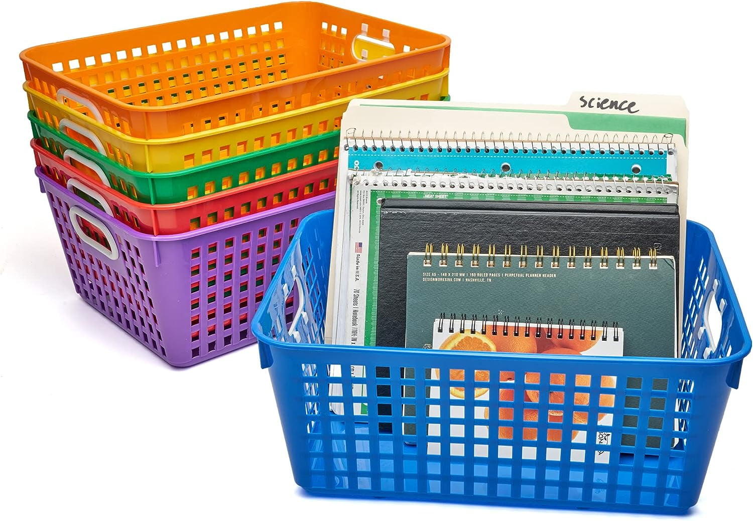 Rainbow Plastic Rectangular Storage Baskets with Handles, 6 Pack