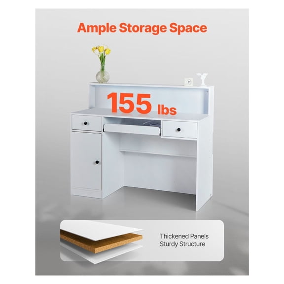reception desk, 47 inch rectangular front counter table, white