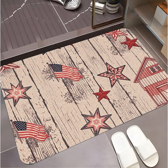 A rectangular flannel floor mat with American Heritage Patriotic Stars and Stripes on Weathered Wood.Machine washable,made of polyester,suitable for outdoor porch,kitchen, living room,bathroom.