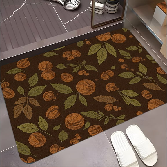 A rectangular flannel floor mat with Autumnal Walnut Flourish. Machine washable, made of polyester, suitable for outdoor porch, kitchen, living room, bathroom.
