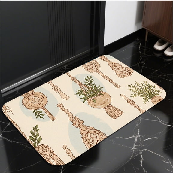 A rectangular flannel floor mat with Bohemian-Inspired Macrame Plant Pot Floor Mat.Machine washable,made of flannel,suitable for outdoor porch,kitchen, living room,bathroom.