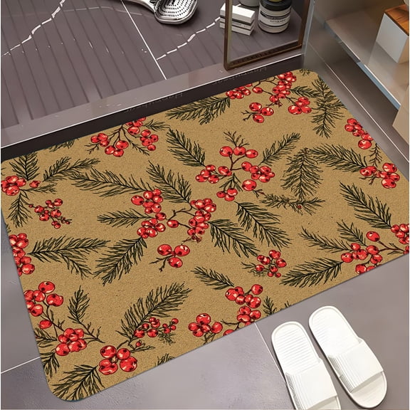 A rectangular flannel floor mat with Christmas Berry Floor Mat - Rustic Red Berries on Pine Branches.Machine washable,made of polyester,suitable for outdoor porch,kitchen, living room,bathroom.