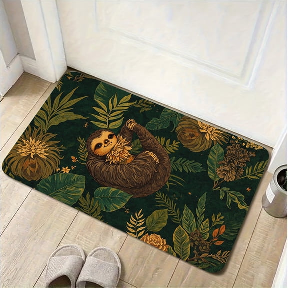 A rectangular flannel floor mat with Enchanted Jungle Adventure Sloth Amongst Greenery.Machine washable,made of flannel,suitable for outdoor porch,kitchen, living room,bathroom.