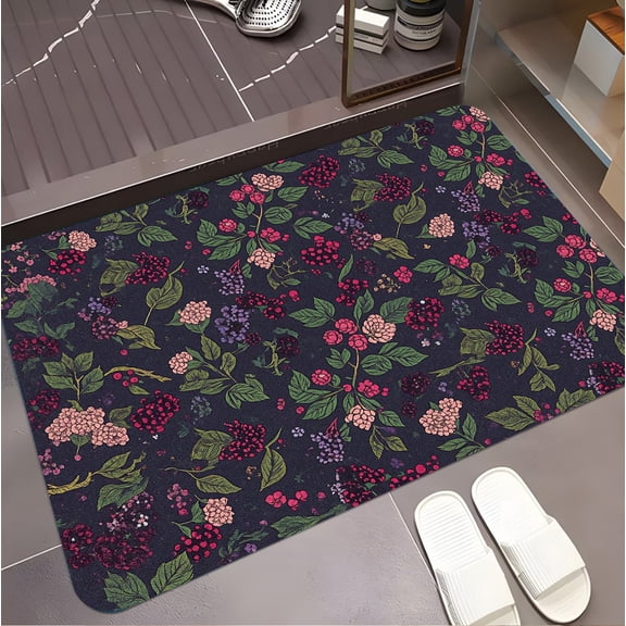 A rectangular flannel floor mat with Garden Berry Bloom Dark Floral Mat.Machine washable,made of polyester,suitable for outdoor porch,kitchen, living room,bathroom.