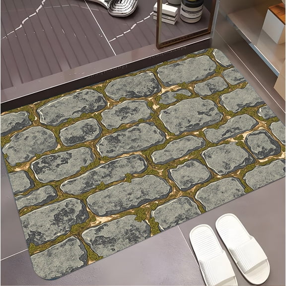 A rectangular flannel floor mat with Mossy Cobblestone Pathway Rug.Machine washable,made of flannel,suitable for outdoor porch,kitchen, living room,bathroom.