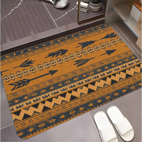A rectangular flannel floor mat with Native-Inspired Arrow and Geometric Design Floor Mat.Machine washable,made of polyester,suitable for outdoor porch,kitchen, living room,bathroom.