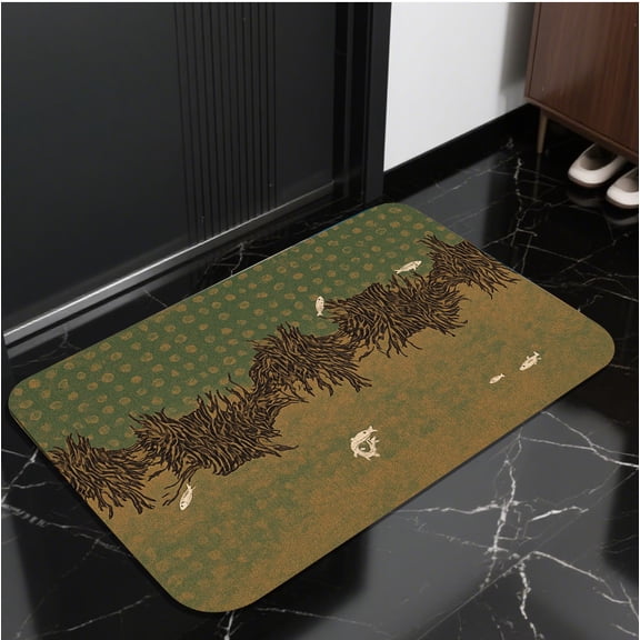 A rectangular flannel floor mat with Nature-Inspired Reeds and Fish Floor Mat.Machine washable,made of flannel,suitable for outdoor porch,kitchen, living room,bathroom.