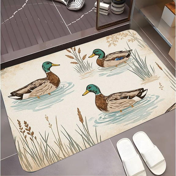 A rectangular flannel floor mat with Nature's Serenity Mallard Ducks in their Habitat.Machine washable,made of polyester,suitable for outdoor porch,kitchen, living room,bathroom.