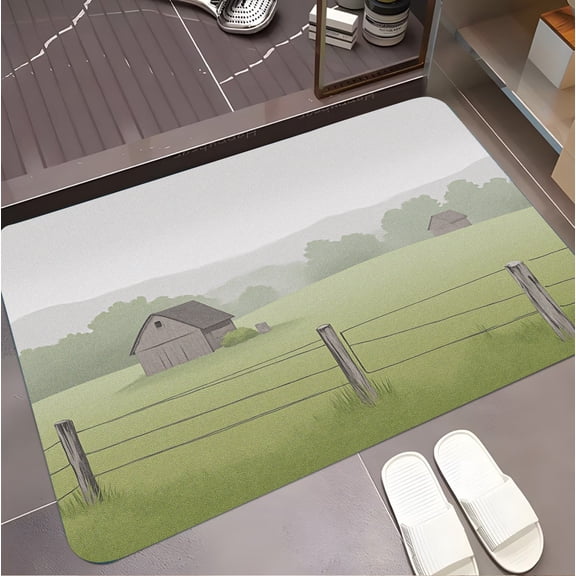 A rectangular flannel floor mat with Rural Serenity Whispering Woods and Rustic Barns.Machine washable,made of polyester,suitable for outdoor porch,kitchen, living room,bathroom.