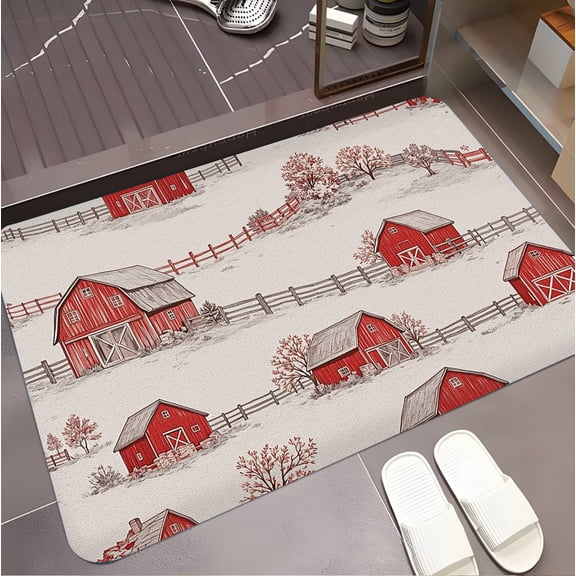 A rectangular flannel floor mat with Rustic Red Barns and Fences.Machine washable,made of polyester,suitable for outdoor porch,kitchen, living room,bathroom.