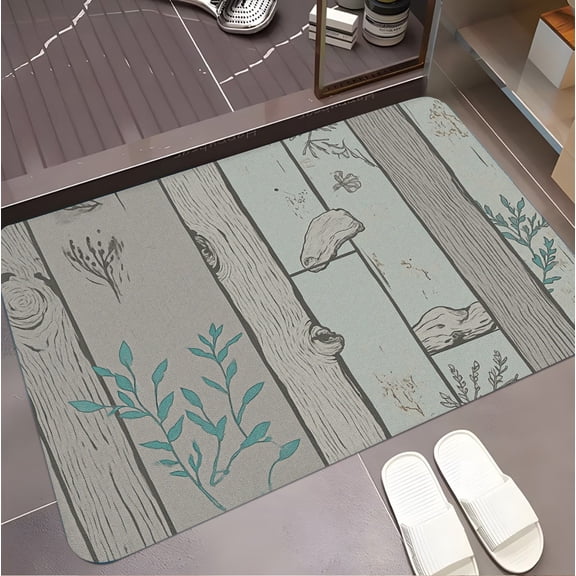 A rectangular flannel floor mat with Rustic wood panel seamless pattern with teal botanical accents.Machine washable,made of flannel,suitable for outdoor porch,kitchen, living room,bathroom.