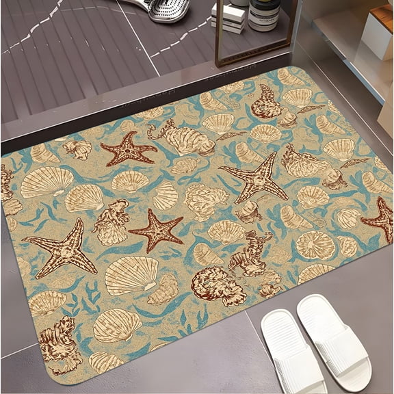 A rectangular flannel floor mat with Seaside Scallops and Starfish Area Rug.Machine washable,made of polyester,suitable for outdoor porch,kitchen, living room,bathroom.
