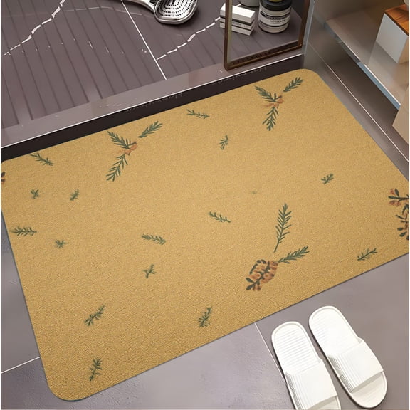 A rectangular flannel floor mat with Seasonal Pinecone and Sprig Embroidered Area Rug. Machine washable, made of polyester, suitable for outdoor porch, kitchen, living room, bathroom.