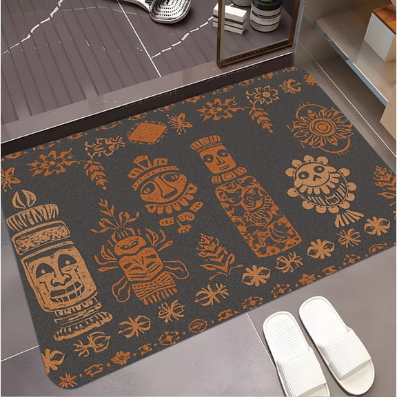 A rectangular flannel floor mat with Tribal Tapestry Ancient Symbols in Orange on Grey.Machine washable,made of polyester,suitable for outdoor porch,kitchen, living room,bathroom.