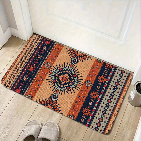 A rectangular flannel floor mat with Vibrant Aztec-Inspired Area Rug with Geometric Patterns.Machine washable,made of flannel,suitable for outdoor porch,kitchen, living room,bathroom.