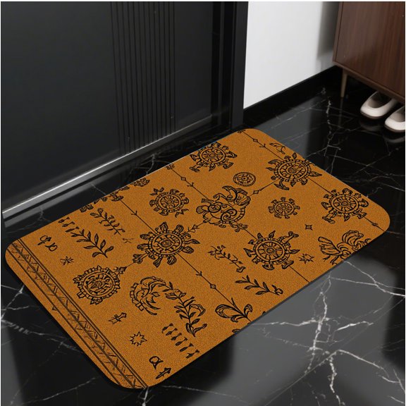 A rectangular flannel floor mat with Vintage-style ornate symbols on brown background.Machine washable,made of flannel,suitable for outdoor porch,kitchen, living room,bathroom.