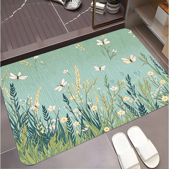 A rectangular flannel floor mat with Whimsical Garden A Serene Escape with Butterflies and Wildflowers. Machine washable, made of polyester, suitable for outdoor porch, kitchen, living room, bathroom