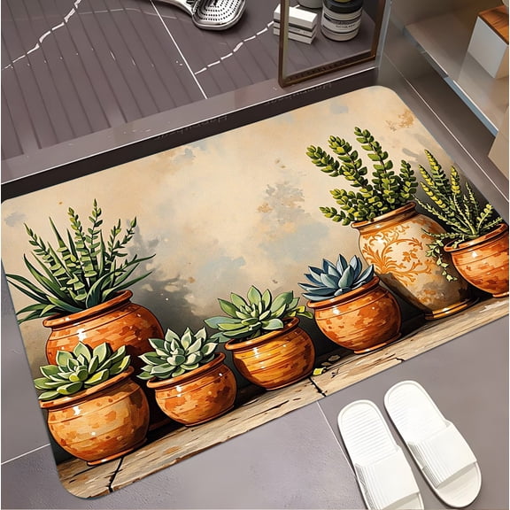 A rectangular flannel rug with Garden Oasis - Artistic Clay Pots with Succulents. Machine washable, made of polyester, suitable for outdoor porch, kitchen, living room, bathroom.