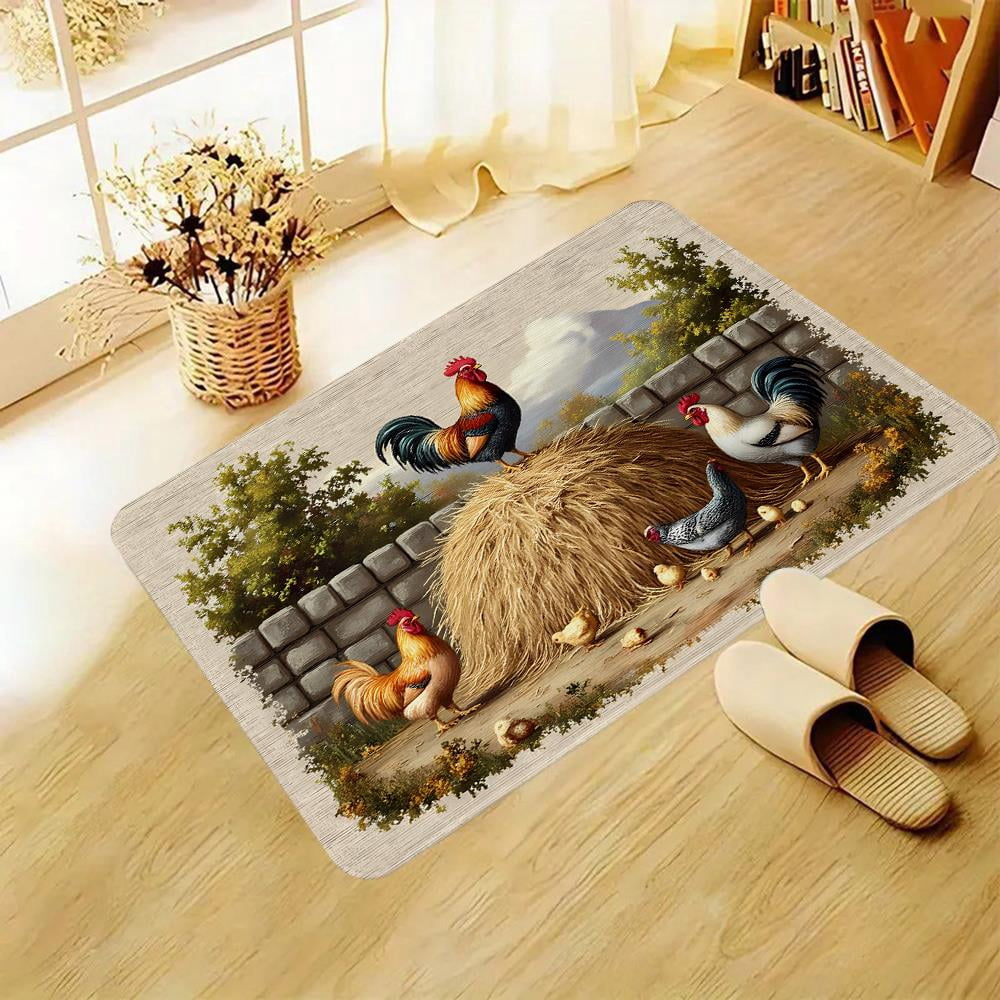 This rectangular flannel rug features a rustic theme with roosters ...